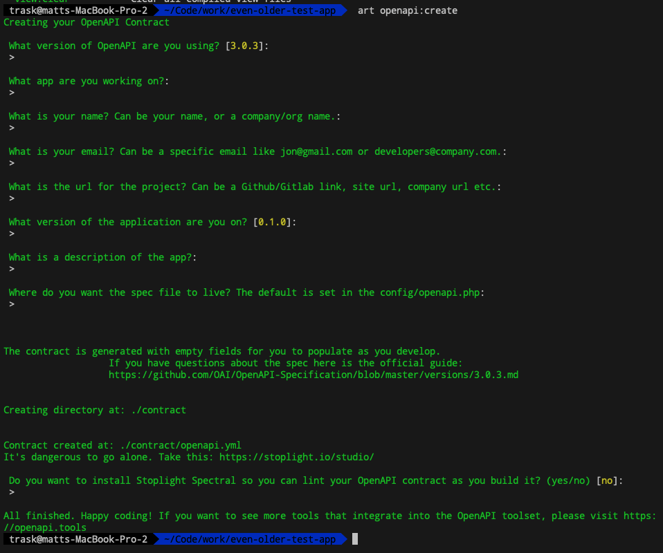 An image of a terminal showing the output from running the Laravel command php artisan openapi:create